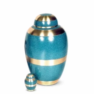 Emerald Meadow 10-inch solid brass cremation urn with green marble finish and three brushed gold bands.