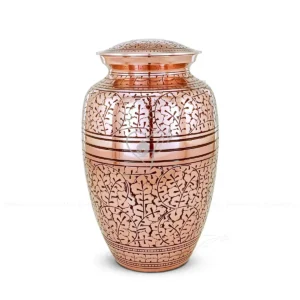 Aurelian Leaf 10-inch solid brass cremation urn featuring hand-etched foliage patterns and a warm antique rose gold finish.