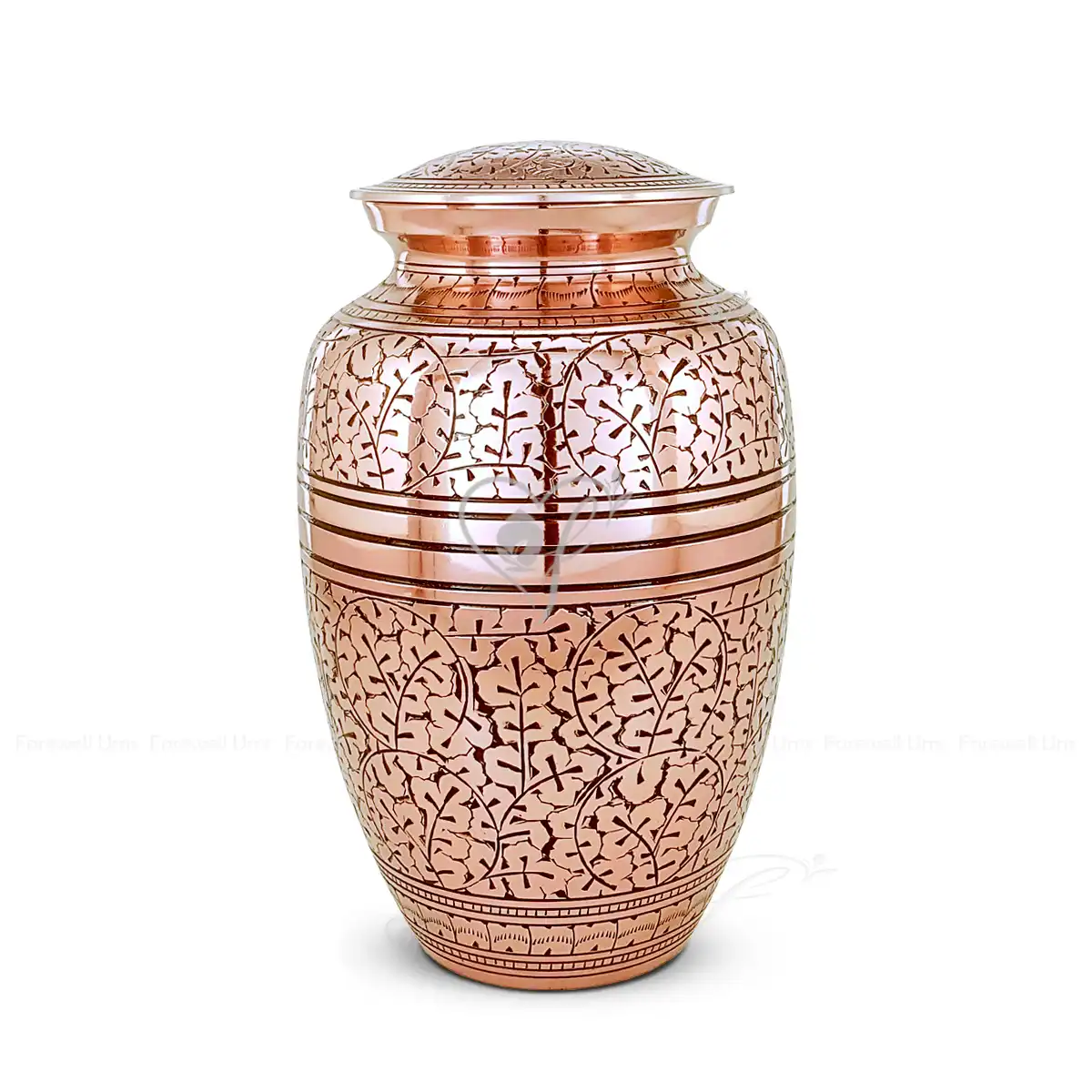 Aurelian Leaf 10-inch solid brass cremation urn featuring hand-etched foliage patterns and a warm antique rose gold finish.