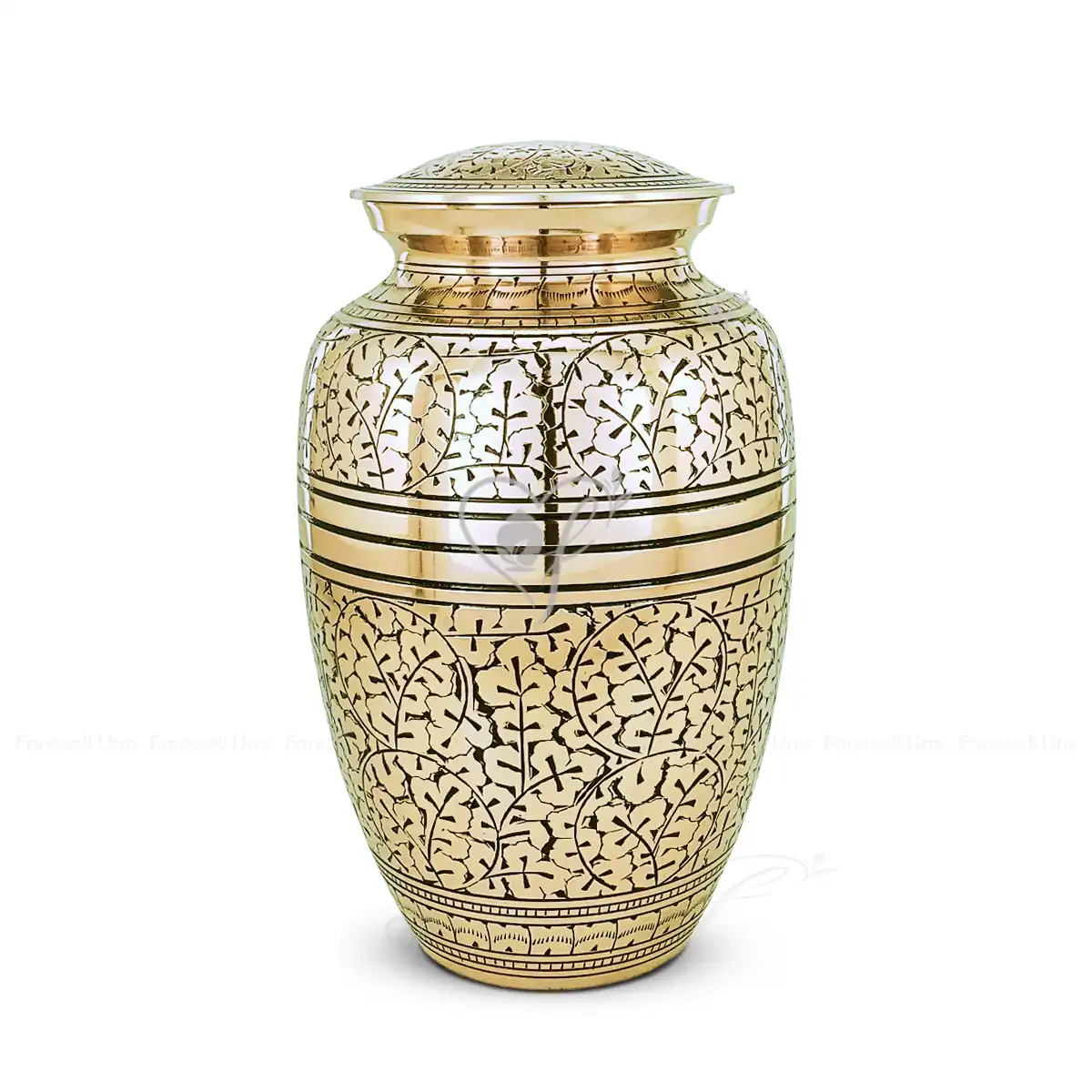 Aurelian Leaf 10-inch solid brass cremation urn featuring hand-etched foliage patterns and polished gold finish with smooth bands.