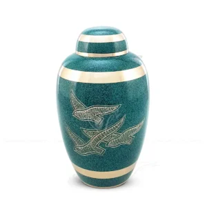 Verdant Flight 10-inch solid brass cremation urn featuring a green marble finish, three hand-etched birds in flight, and polished silver bands.