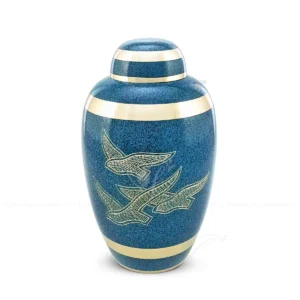 Verdant Flight 10-inch solid brass cremation urn with a blue marble finish and golden hand-engraved birds in flight, featuring a classic dometop design and secure threaded lid.