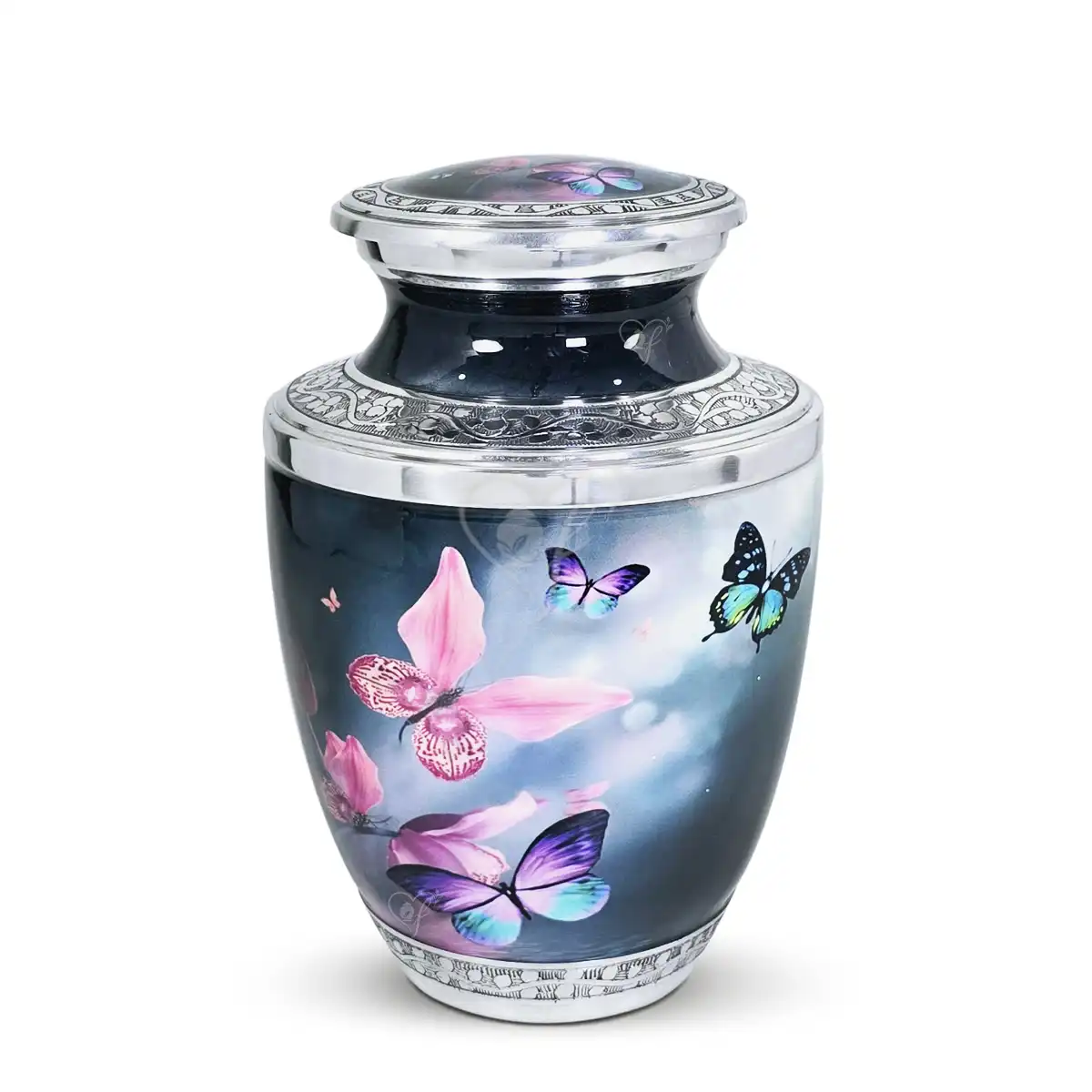 Magnolia Spirits 10-inch Treisty shape aluminum cremation urn featuring a High-Gloss Graphic Wrap of pink butterflies and magnolias with hand-engraved silver floral bands.