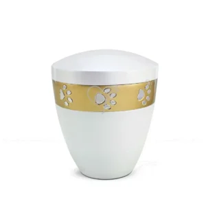 Pure Contour White 6-inch unique shape aluminum pet cremation urn featuring a matte white finish with a gold band and polished aluminum paw prints.