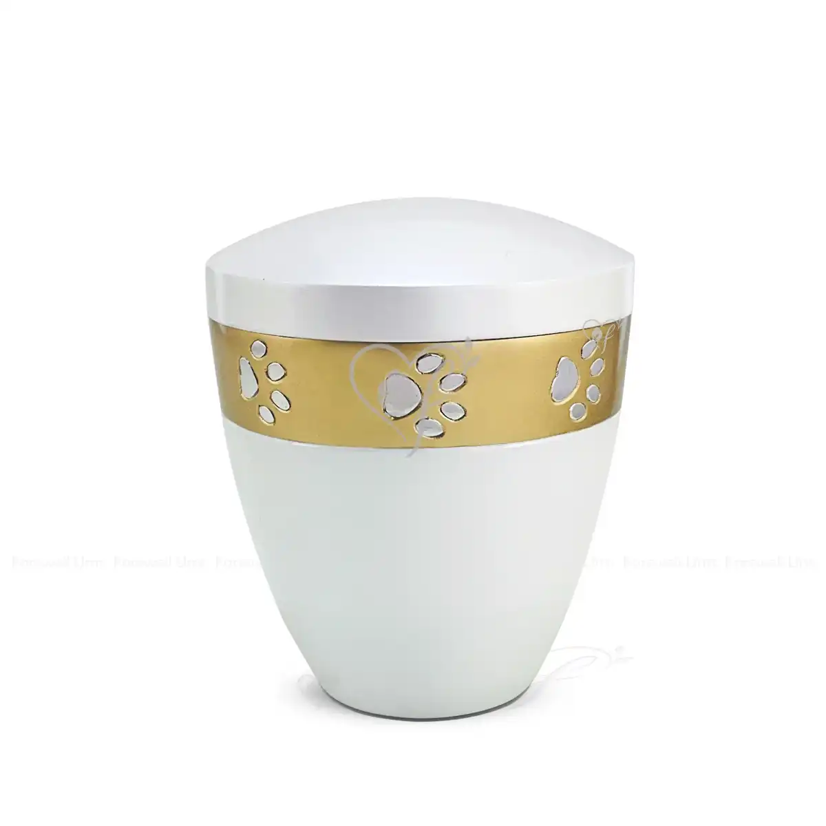 Pure Contour White 6-inch unique shape aluminum pet cremation urn featuring a matte white finish with a gold band and polished aluminum paw prints.