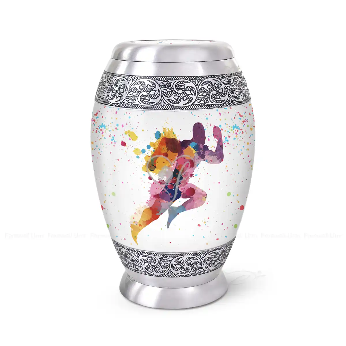 Victory Sprint 10-inch aluminum cremation urn featuring a High-Gloss Graphic Wrap of a runner with colorful paint splatters and hand-engraved silver floral bands.