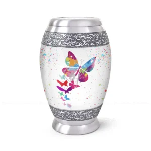 Metamorphosis 10-inch aluminum cremation urn featuring a High-Gloss Graphic Wrap of colorful butterflies with hand-engraved silver floral bands.