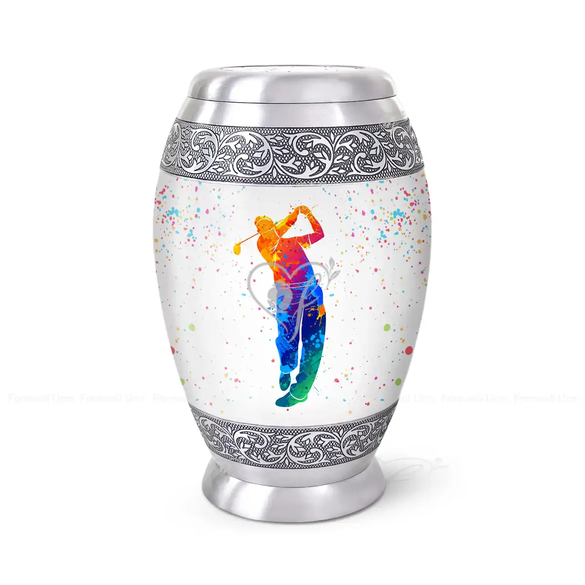 The Fairway 10-inch aluminum cremation urn featuring a High-Gloss Graphic Wrap of a golfer with colorful paint splatters and hand-engraved silver floral bands.