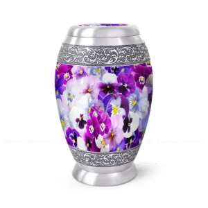 Pansy Garden 10-inch aluminum cremation urn featuring a High-Gloss Graphic Wrap of colorful pansies with hand-engraved silver floral bands.