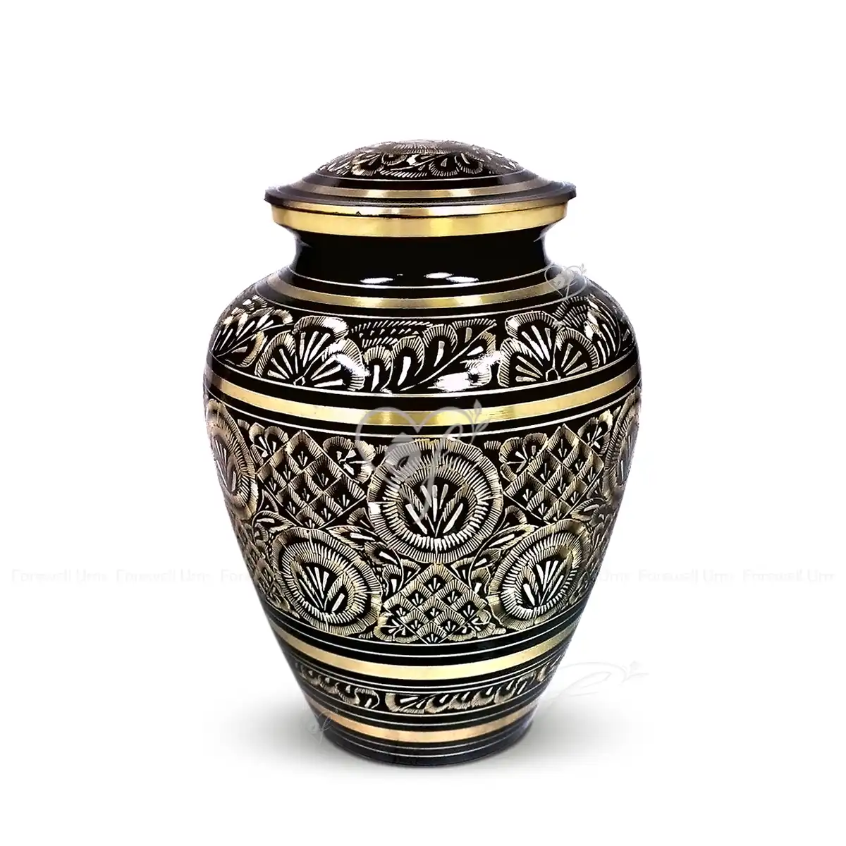 Black Radiance 9-inch solid brass cremation urn in an Elite shape, featuring a high-gloss black finish and intricate hand-engraved gold-tone floral and geometric patterns with a secure threaded lid.