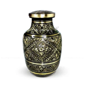Victorian Gold solid brass cremation urn featuring intricate hand-engraved floral patterns and a polished black finish.