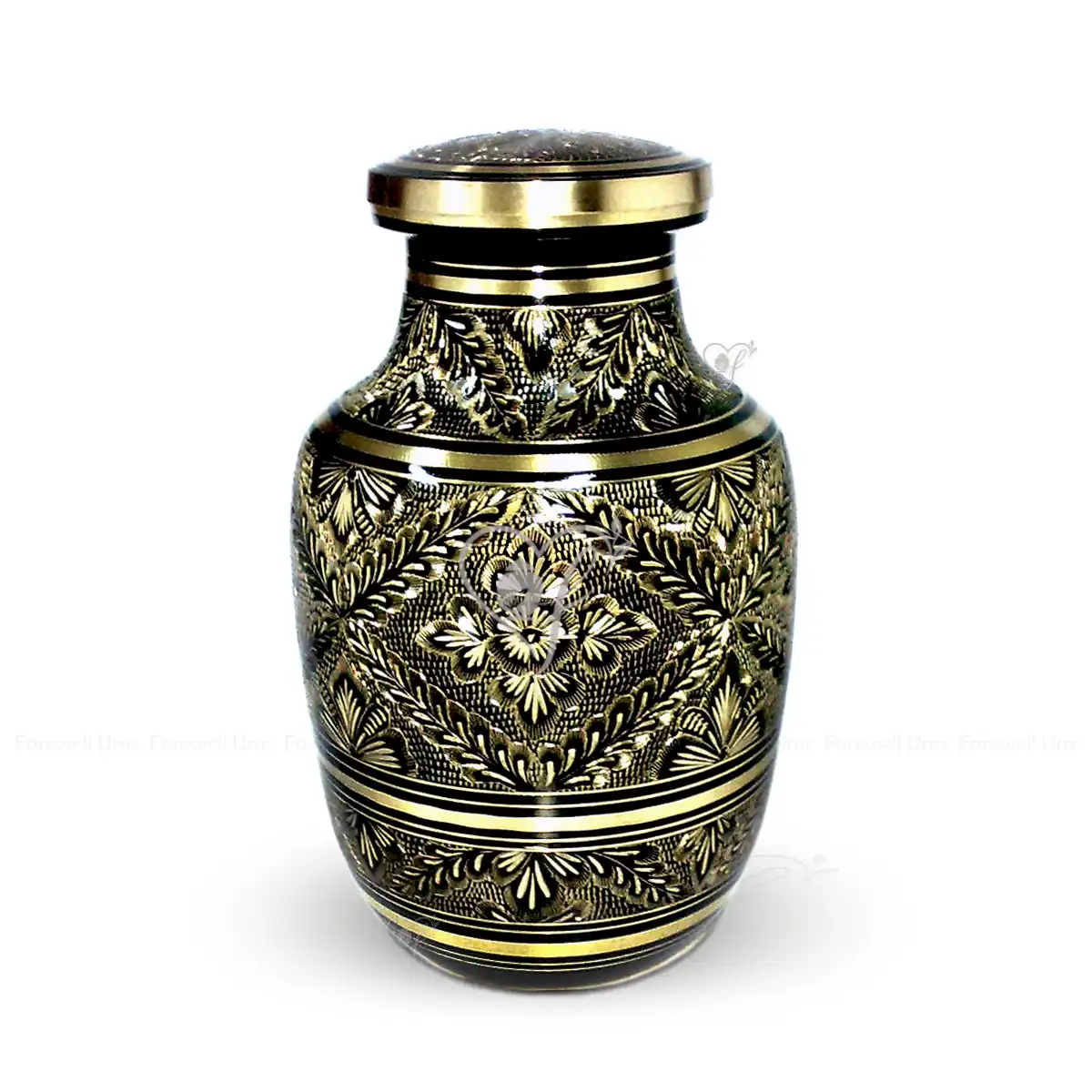 Victorian Gold solid brass cremation urn featuring intricate hand-engraved floral patterns and a polished black finish.