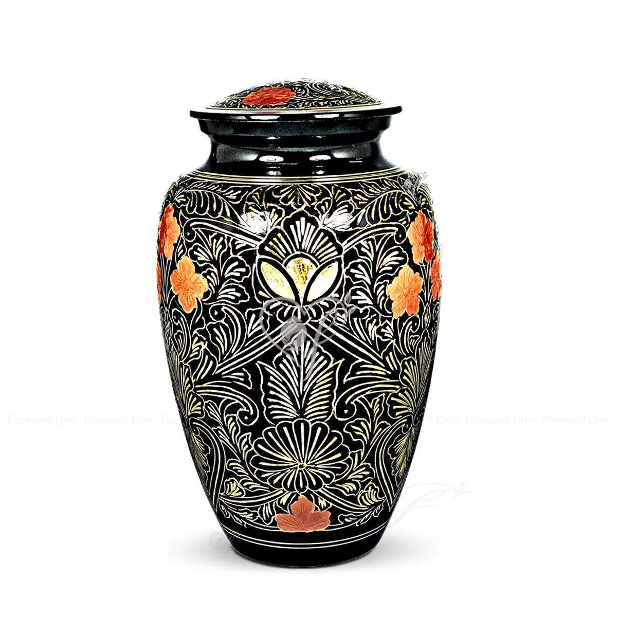 Bloomox 10-inch classic shaped solid brass cremation urn with a black finish and hand-chiselled brass floral patterns accented in copper.