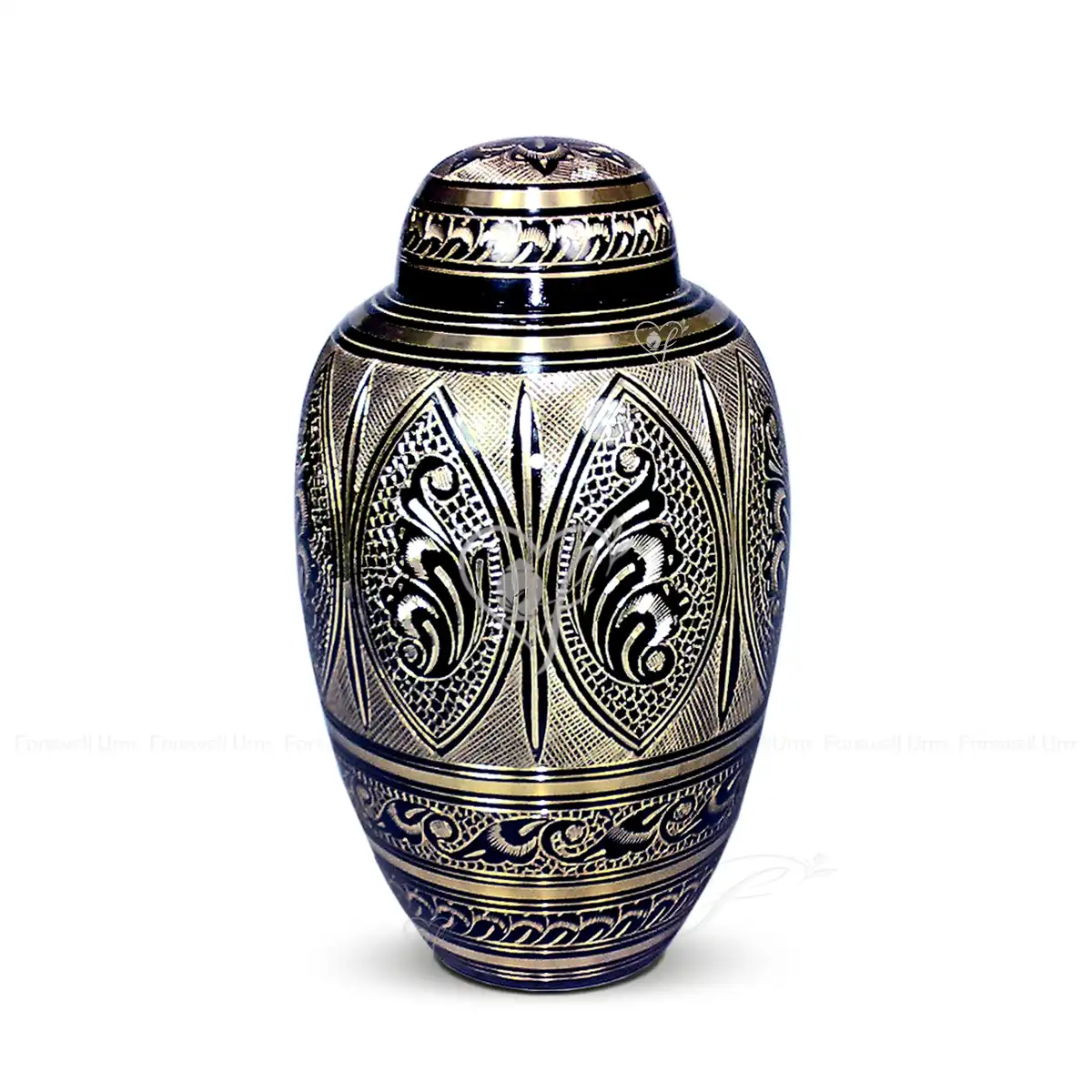 Midnight Flora 10-inch Dometop shaped solid brass cremation urn featuring a polished black finish and hand-chiselled golden brass floral patterns.