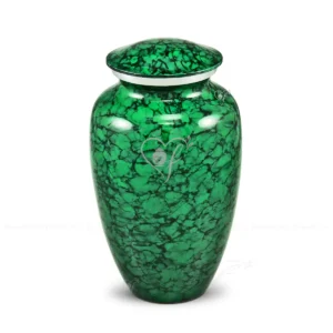 Emerald Nebula 10-inch classic aluminum cremation urn featuring a vibrant green patination finish in a soft cloud-like pattern.