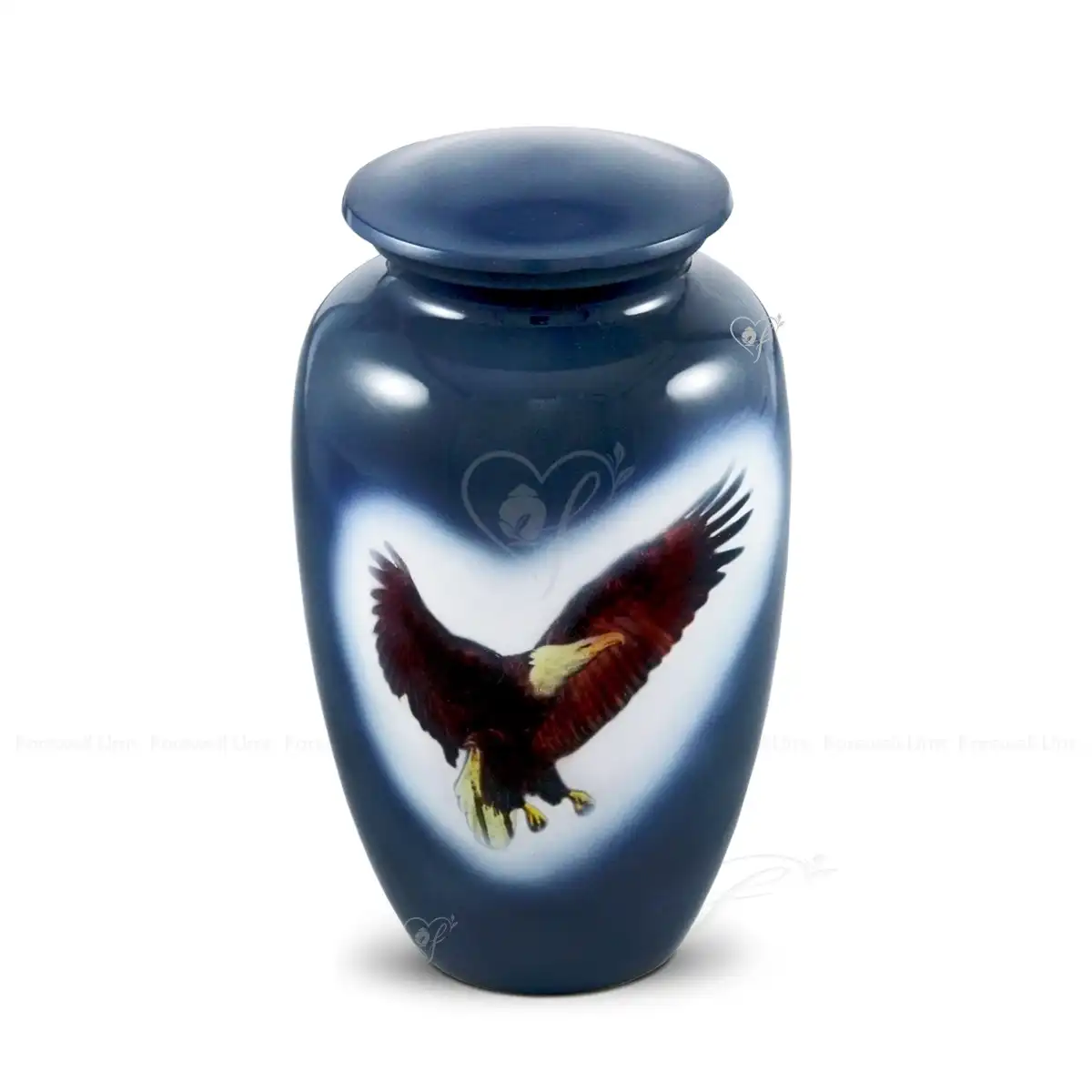 Sovereign Flight 10-inch classic aluminum cremation urn featuring a solid blue paint finish with a soaring bald eagle motif merged into the background.