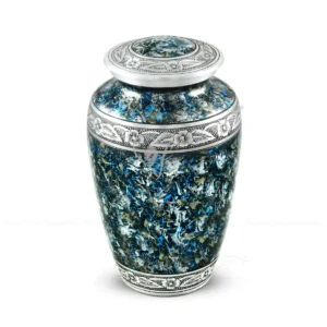 Azure Galaxy 10-inch classic aluminum cremation urn featuring a multi-tonal blue marbled finish with silver-tone hand-chiselled floral engravings.