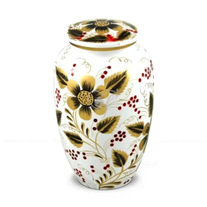 Gilded Willow 10-inch classic aluminum cremation urn featuring hand-painted gold and black floral patterns with red accents on a white background.
