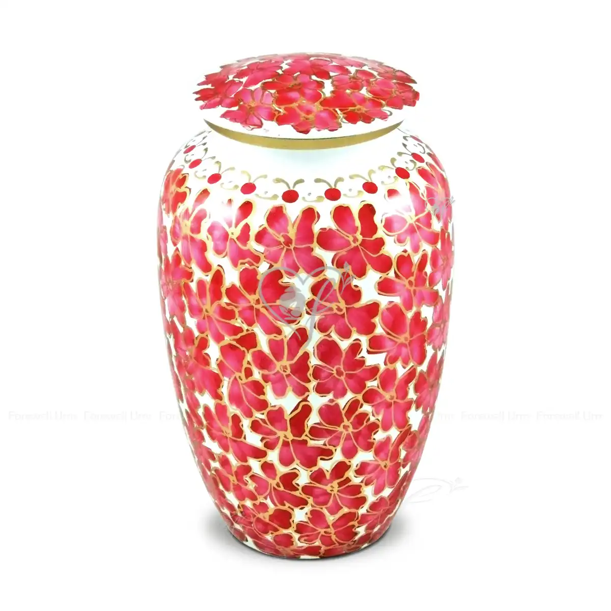 Petal Cascade 10-inch classic aluminum cremation urn featuring a full-coverage hand-painted pink and red floral design on a white background.