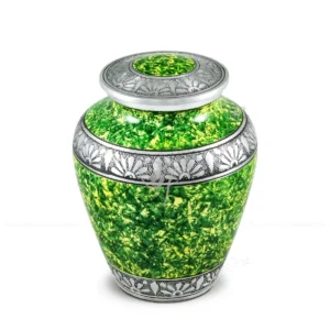 Jade Mist 9-inch Elite shaped aluminum cremation urn featuring a vibrant green mottled finish with organic patches of color.