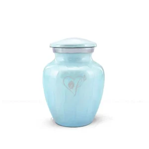 Skyward Peace 4-inch classic aluminum infant and child cremation urn in Baby Blue Meena finish with polished silver trim.