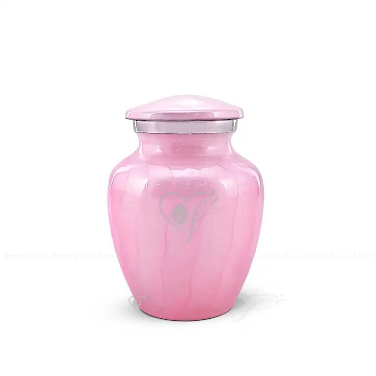 Blossom Peace 4-inch classic aluminum infant and child cremation urn in Baby Pink Meena finish with polished silver trim.