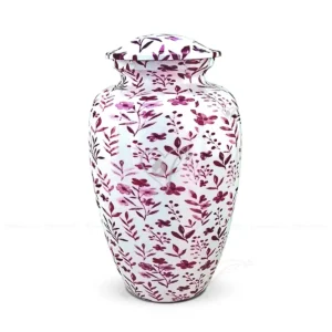 Violet Breeze 10-inch classic aluminum cremation urn featuring a high-gloss white graphic wrap with a delicate purple and lavender botanical pattern.