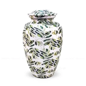 Sacred Grove 10-inch classic aluminum cremation urn featuring a high-gloss white graphic wrap with a green olive branch pattern.