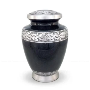 Onyx Arbor 10-inch Elito shaped aluminum cremation urn featuring a black granite finish and hand-engraved silver-tone leaf bands.