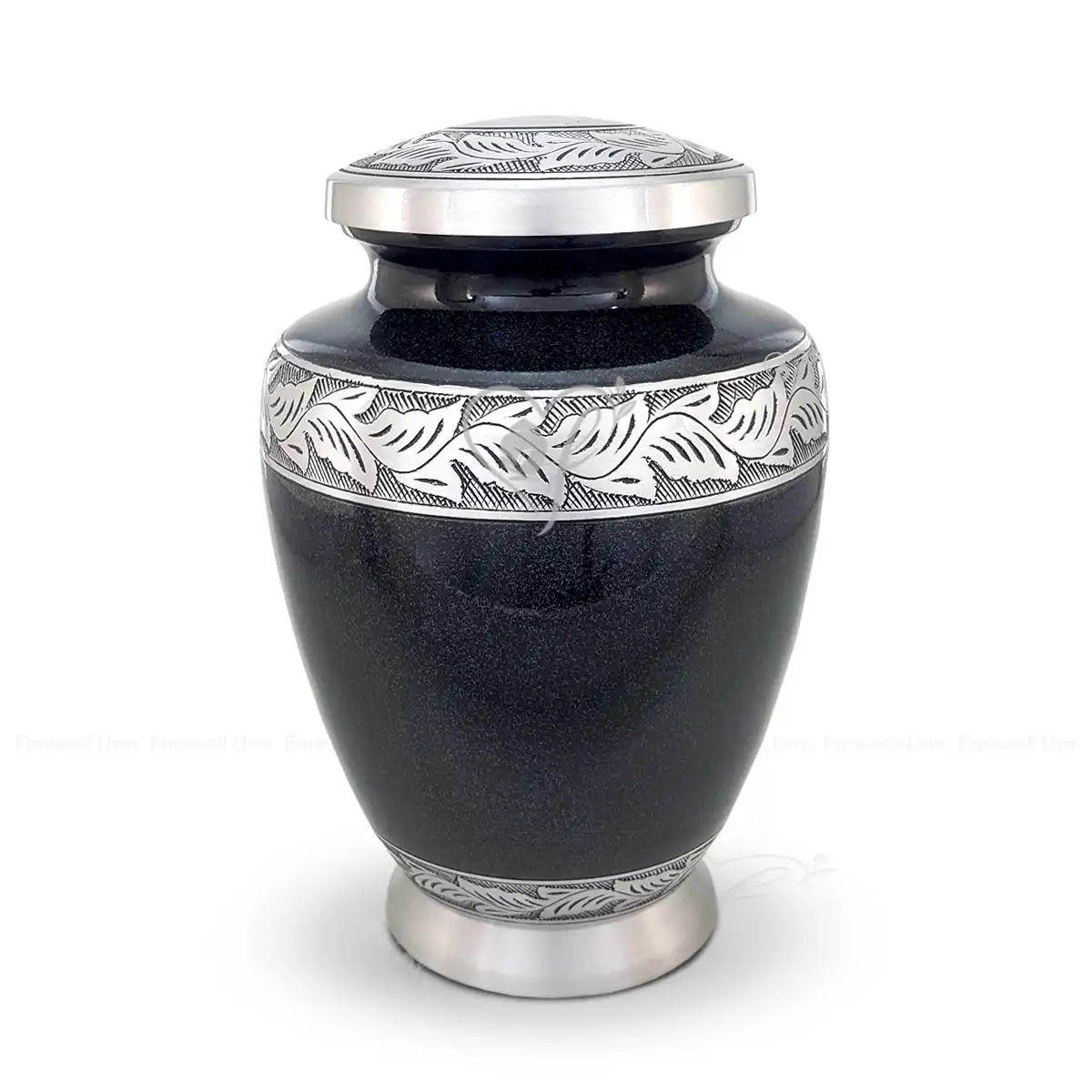 Onyx Arbor 10-inch Elito shaped aluminum cremation urn featuring a black granite finish and hand-engraved silver-tone leaf bands.