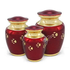 Ruby Grained Elegance premium brass pet urns in ruby red grained finish with encircling shiny polished brass paw prints and trim.