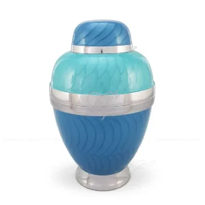 River Mist 10-inch Dometop Banded aluminum cremation urn featuring a hand-painted glossy Meena finish in sky blue and evening blue tones.