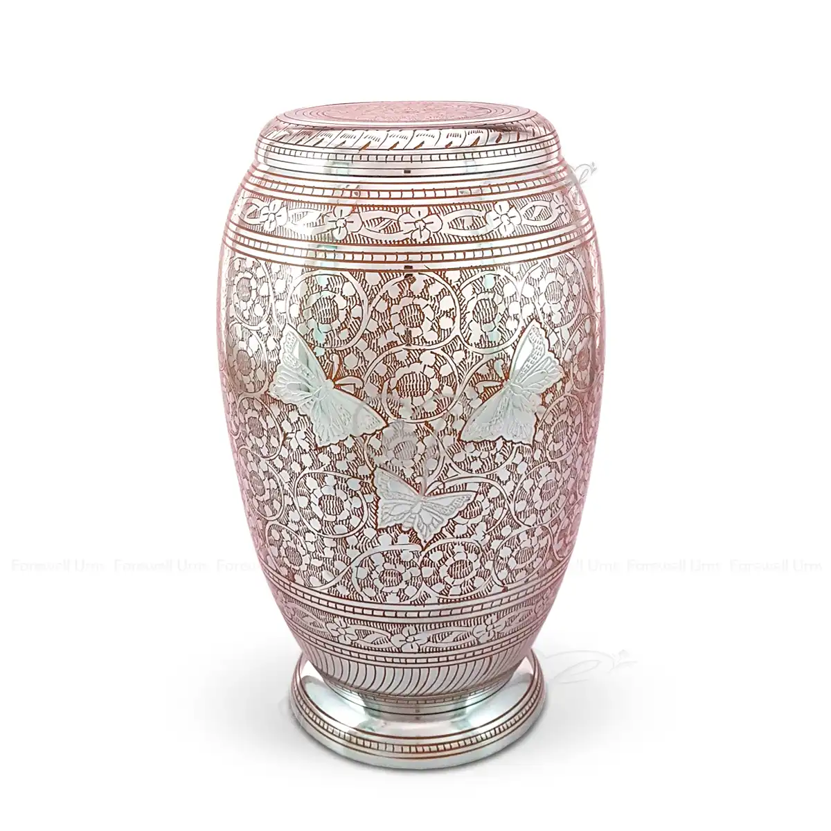 Celestial Flutter 10-inch Monarch shaped solid brass cremation urn featuring Shiny Nickel plating, Pink hand-engraved floral patterns, and embossed silver-tone butterflies.