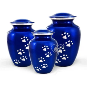Silky Azure Paws classic shape aluminum pet cremation urns in silky blue finish with vertical brushed aluminum paw prints and trim, available in sizes 5 to 10 inches.