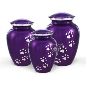 Silky Purple classic aluminum pet urns in silky purple with brushed aluminum paw prints and trim.