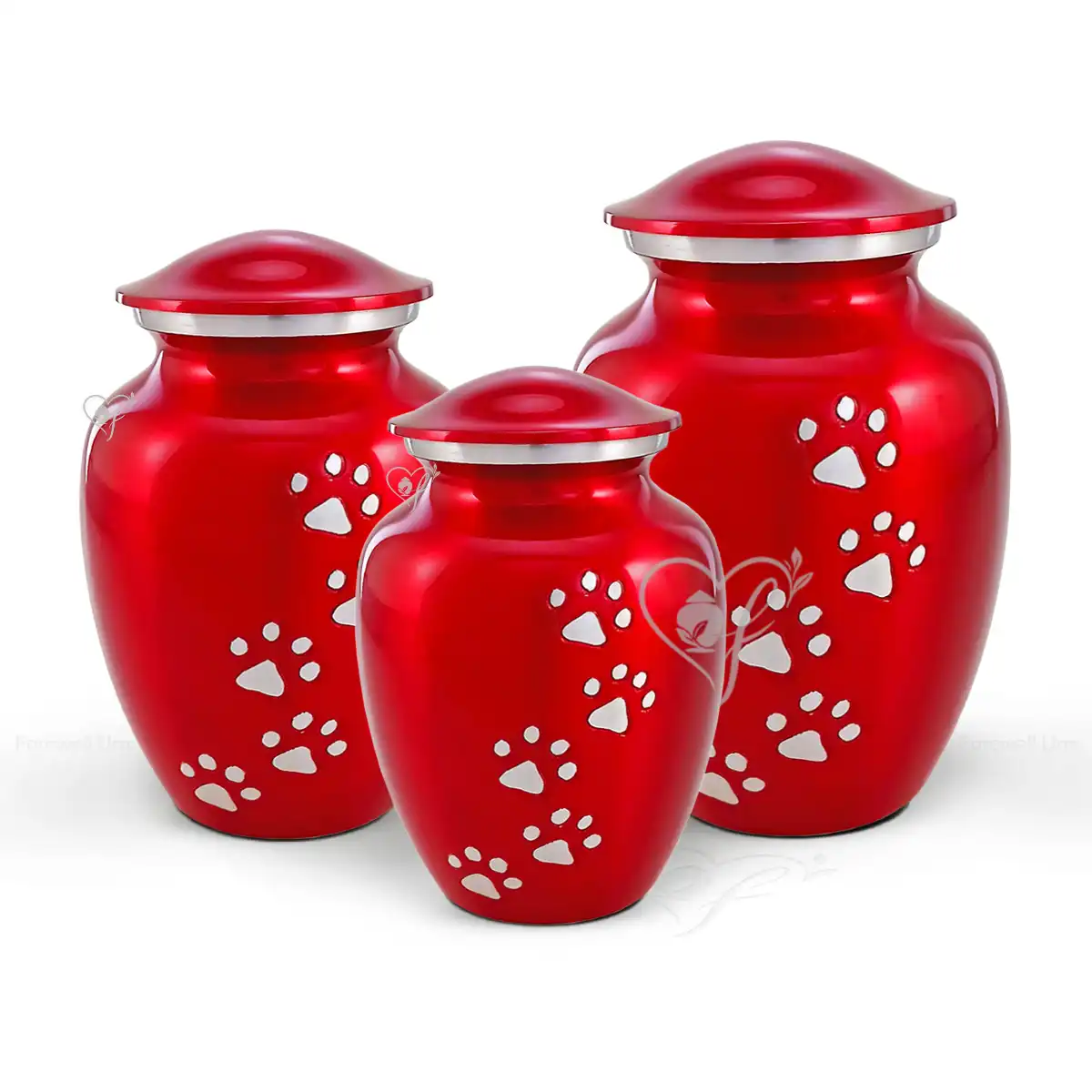 Silky Sapphire classic aluminum pet urns in silky red with brushed aluminum paw prints and trim.
