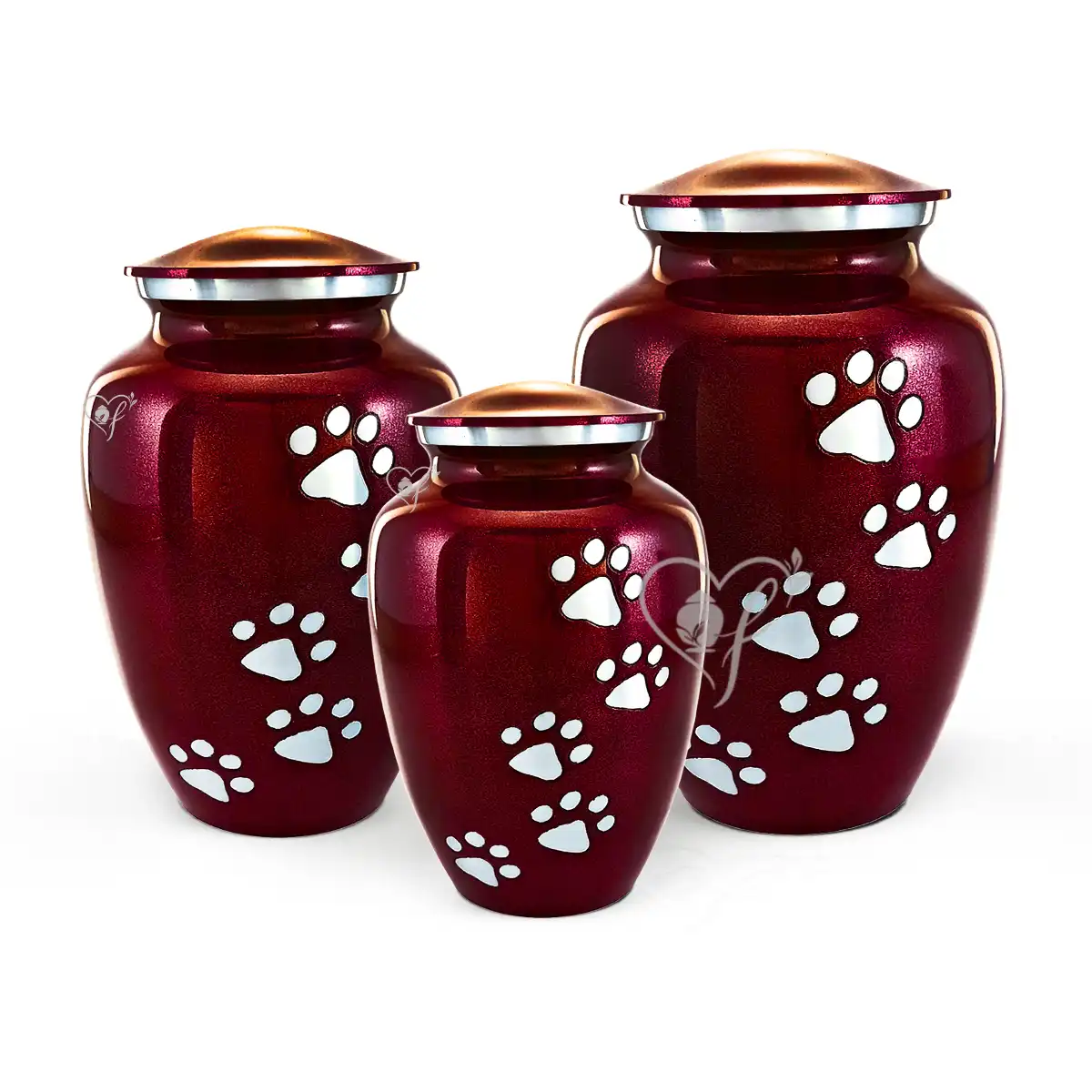 Silky Red classic aluminum pet urns in silky red with brushed aluminum paw prints and trim.