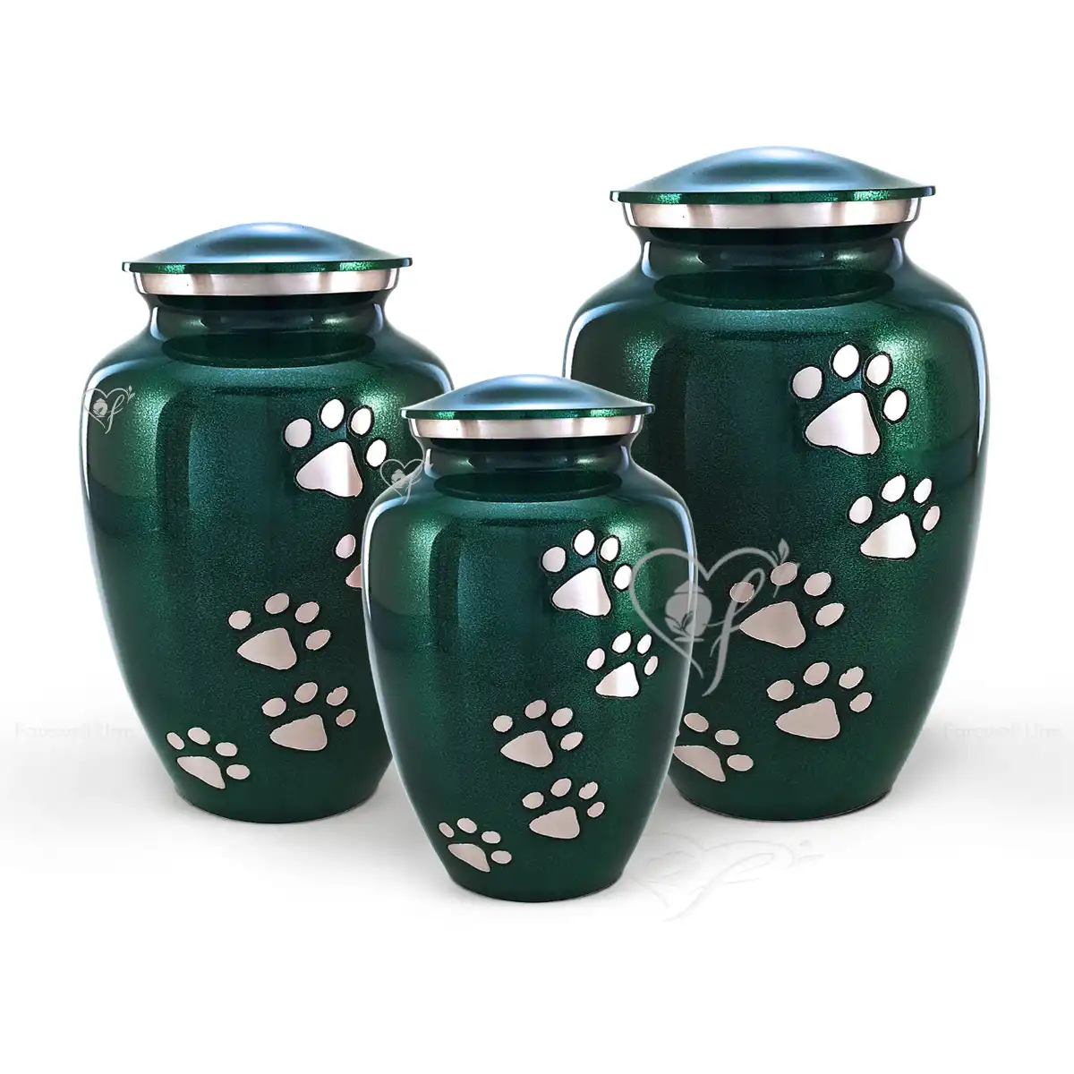 Silky Emerald classic aluminum pet urns in silky green with brushed aluminum paw prints and trim.