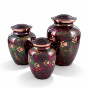 Eternal Paws premium brass pet cremation urns in various sizes featuring a multi-color Raku finish with hand engraved copper-plated paw prints.