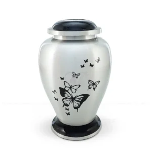 Fluttering Grace 10-inch aluminum cremation urn featuring a brushed metal finish with glossy black lid, base, and butterfly motifs, and a secure threaded lid.