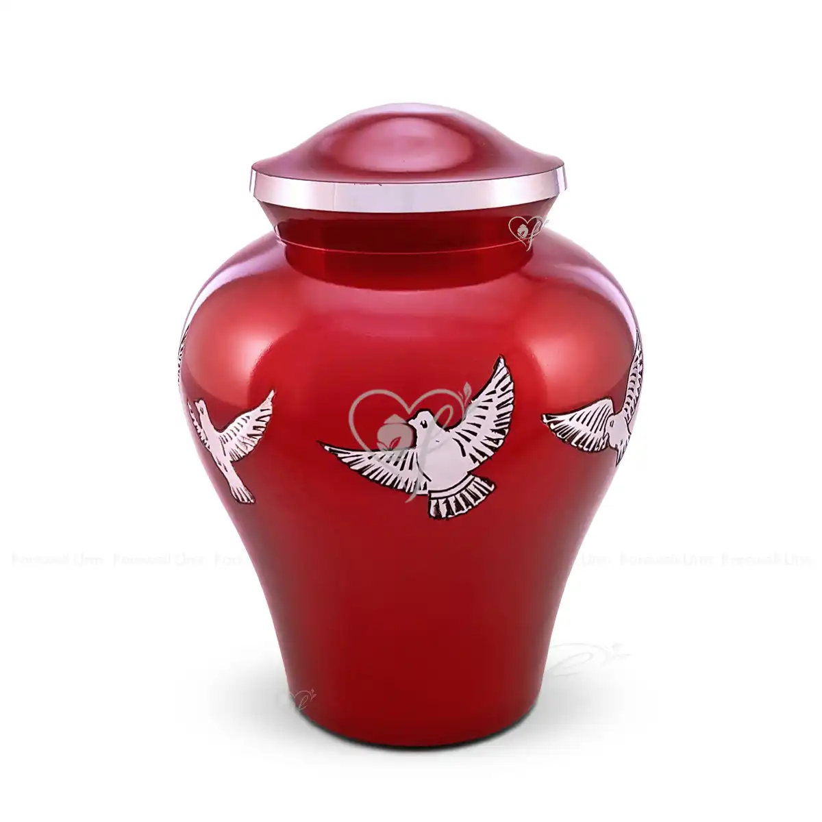 Crimson Harmony 10-inch aluminum cremation urn in a Russet shape, featuring a crimson red finish and brushed metal doves in flight with a secure threaded lid.