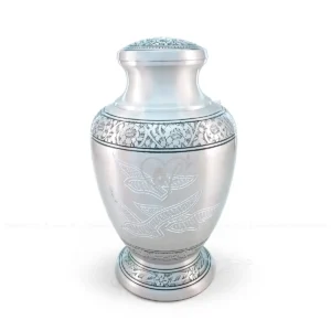 Turquoise Tranquility 11-inch aluminum cremation urn featuring a brushed metal finish, turquoise-filled floral engravings, white-filled birds in flight, and a secure threaded lid.