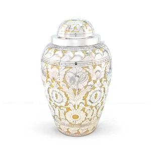 Imperial Grace 10-inch premium brass cremation urn featuring an all-over hand-engraved pattern with a dual-tone Egyptian gold and nickel finish and a secure threaded lid.