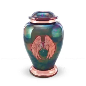 Raku Wings 10-inch premium brass cremation urn in an Atlantic shape, featuring an iridescent raku finish and copper-etched angel wings with a secure threaded lid.