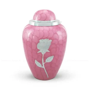 Garnet Grace 10-inch Dometop shaped premium brass cremation urn featuring a pink glossy Meena finish and a silver-tone rose motif.
