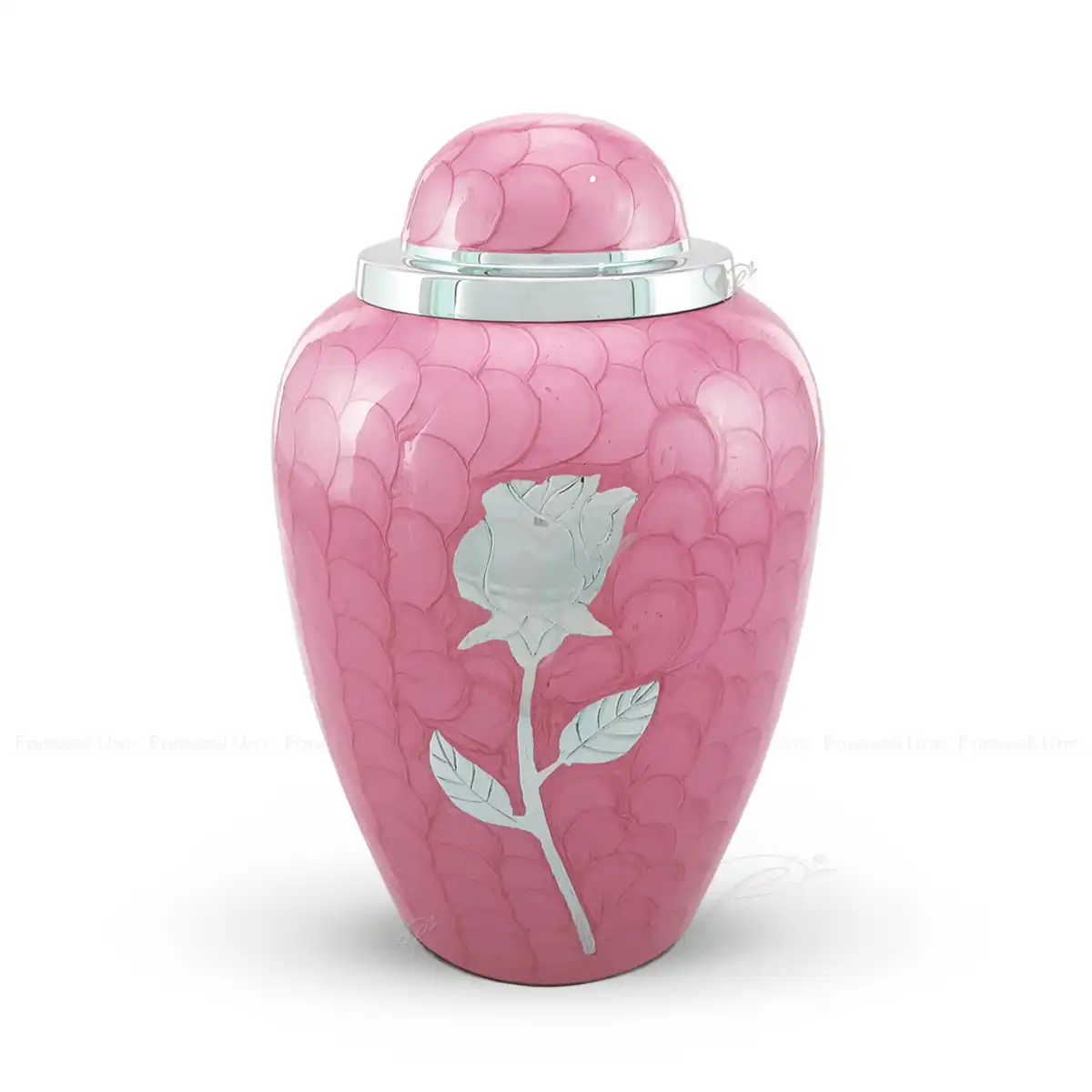 Garnet Grace 10-inch Dometop shaped premium brass cremation urn featuring a pink glossy Meena finish and a silver-tone rose motif.