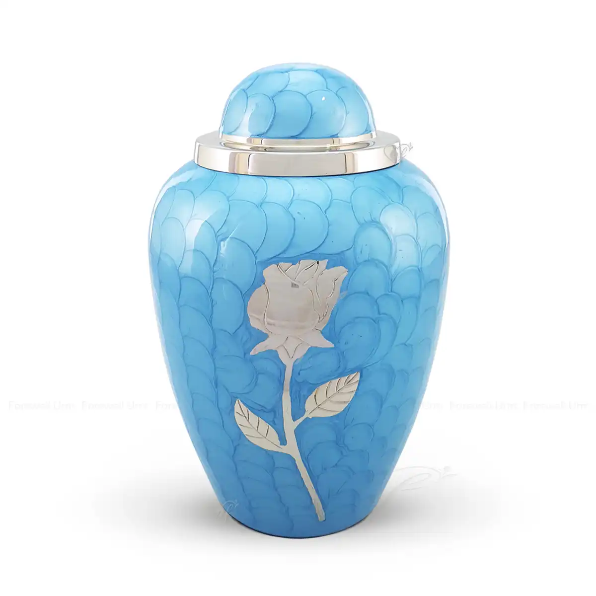 Garnet Grace 10-inch Dometop shaped premium brass cremation urn featuring a sky blue glossy Meena finish and a silver-tone rose motif.
