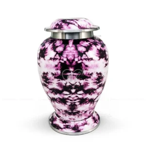 Violet Nebula 10-inch Atlantic shaped aluminum cremation urn featuring a High Gloss Graphic Wrap in purple and white with Nickel accents.