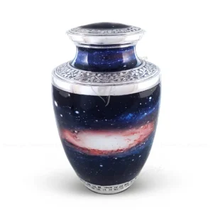 Galactic Peace 10-inch aluminum cremation urn featuring a High Gloss Galactic Graphic Wrap and hand-engraved floral silver-tone bands.