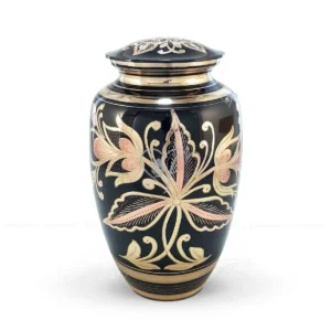 Midnight Blossom 10-inch classic premium brass cremation urn featuring an oxidized black finish with polished brass and copper floral patterns.